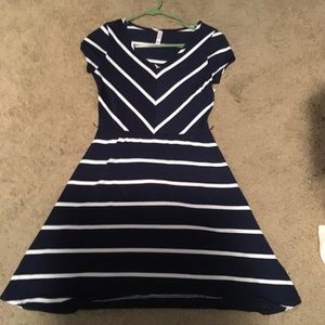 Navy dress with white stripes.